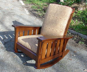 Gustav Stickley Inspired Medium Size Slant Arm Reclining Morris Rocker with Slats and Fabric Cushion